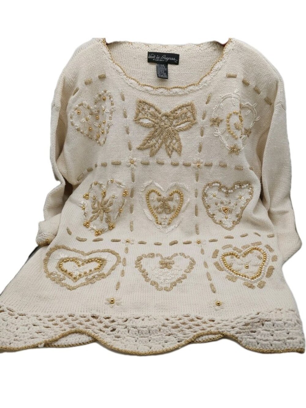 Work In Progress Women’s Ivory Sweater Size XL 18 / 20 Beaded Hearts Bow